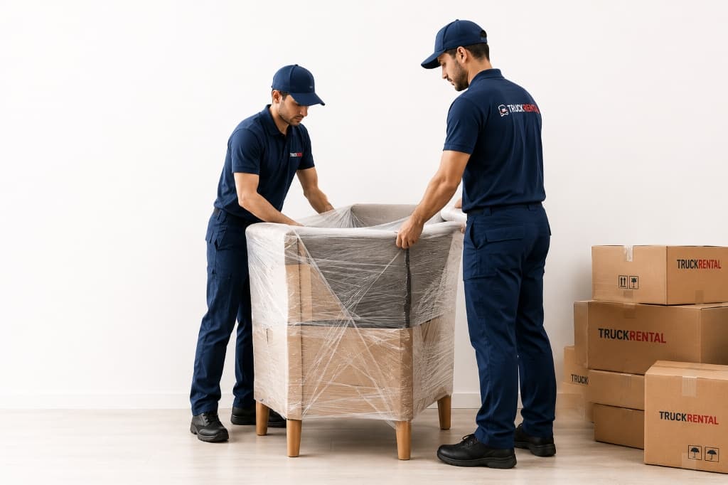 Movers wrapping furniture